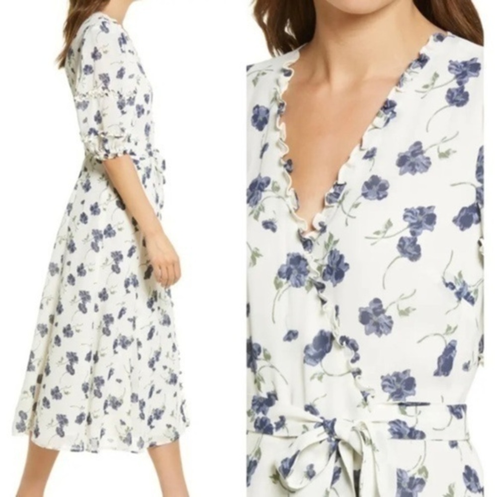 REFORMATION Tanna Floral Wrap Dress with frilly ruffles in Blueberries Size S - Picture 1 of 14